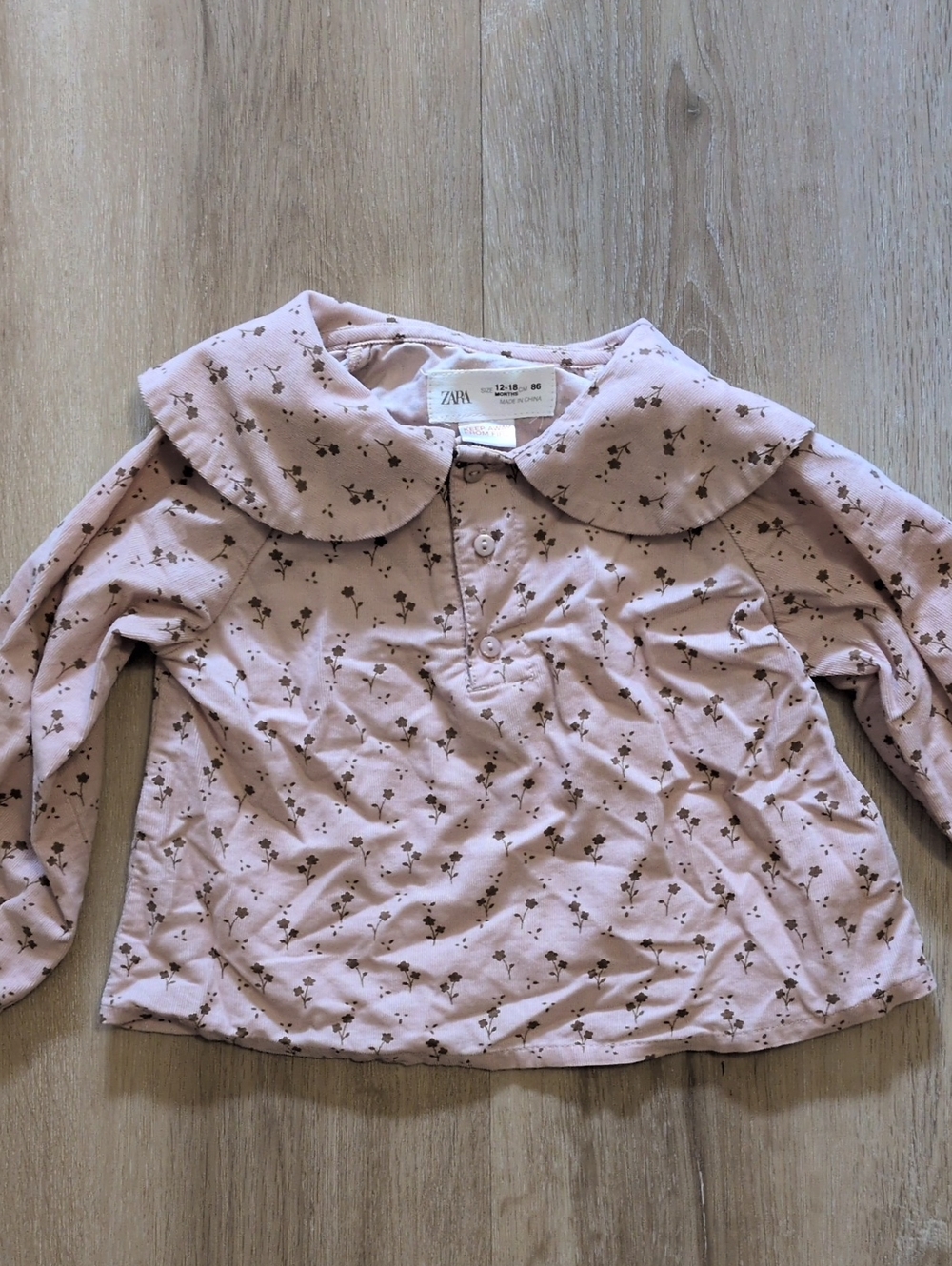 Zara Light Pink Floral Peter Collar Long-Sleeve Corduroy Top